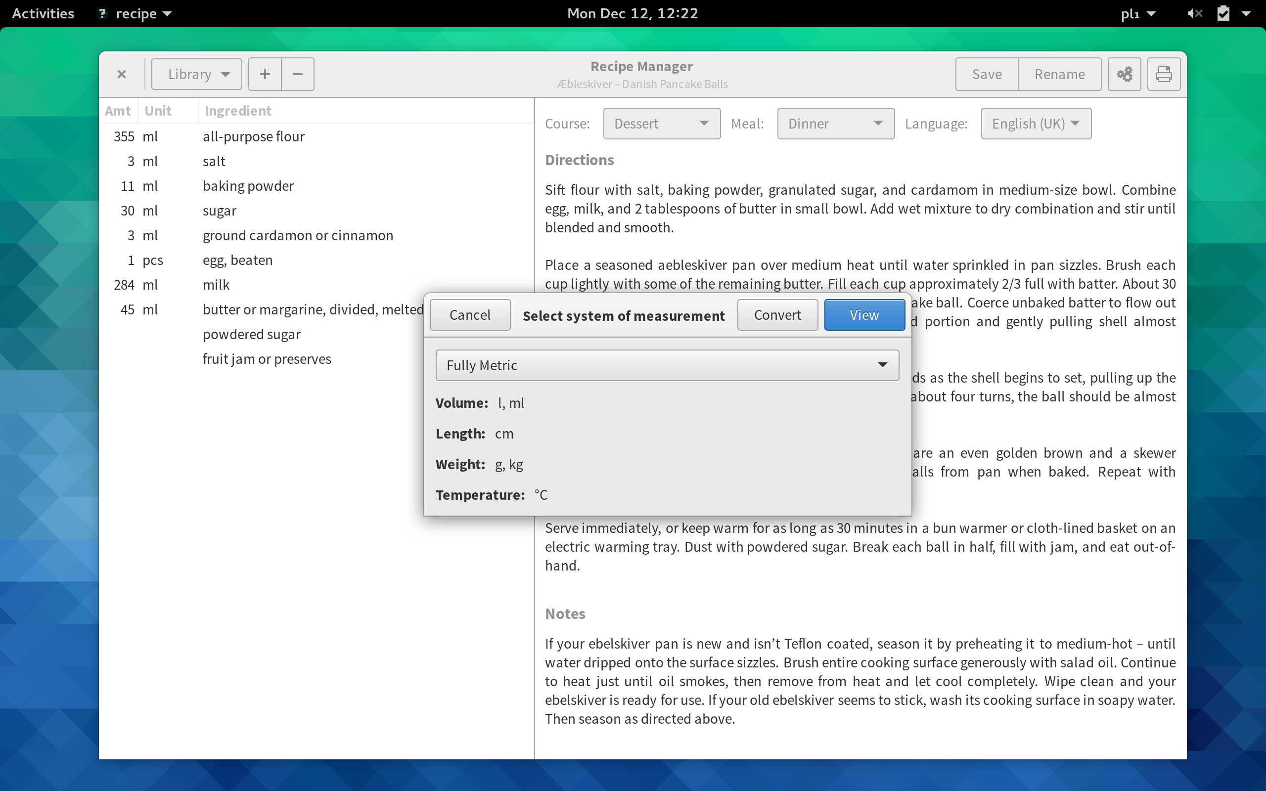 Recipe Manager supports intelligent unit conversions